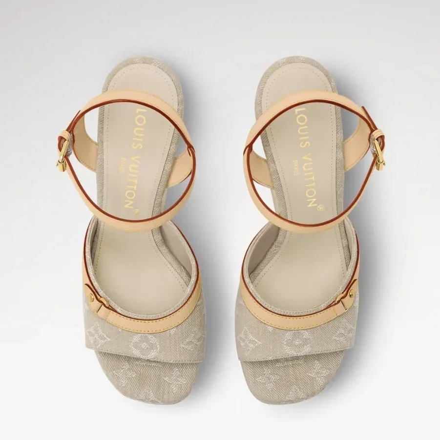 Louis Vuitton Helios Wedge Sandals Greige Denim 1AJKYG Louis Vuitton Helios Wedge Sandals Greige Denim 1AJKYG