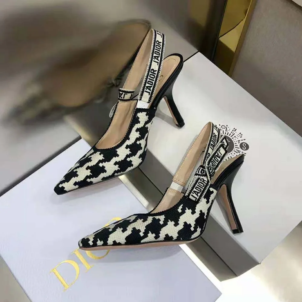 Dior J'Adior Slingback Pump Black and White Cotton Embroidery with Macro Houndstooth Motif for Women Dior J'Adior Slingback Pump Black and White Cotton Embroidery with Macro Houndstooth Motif for Women