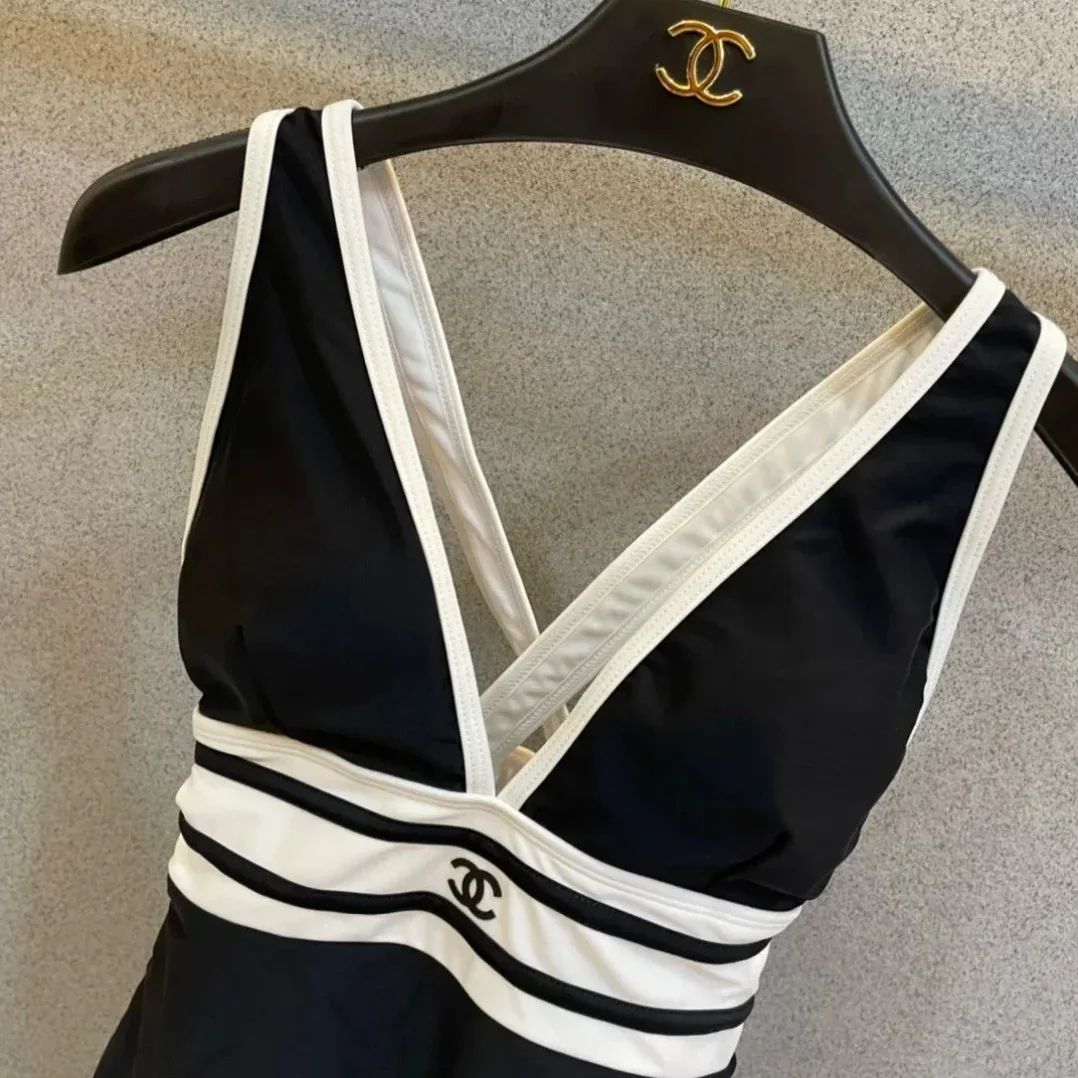Chanel Striped V-Neck One in Piece Swimsuit Black