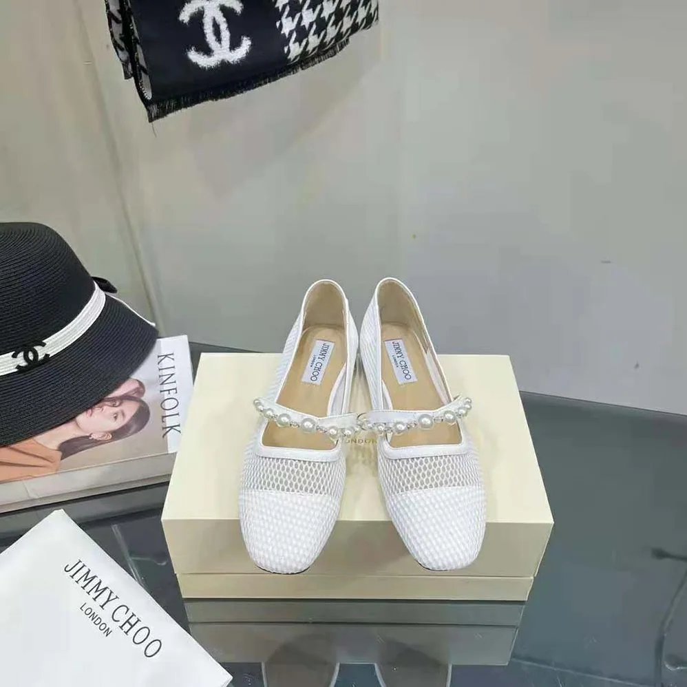 Jimmy Choo Ade Flat White Fishnet Mesh and Latte Nappa Flats with Pearl for Women in Embellished Strap