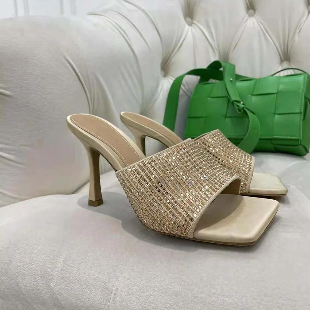 Bottega Veneta Stretch Strass-Embellished Silk Mules for Women in Gold