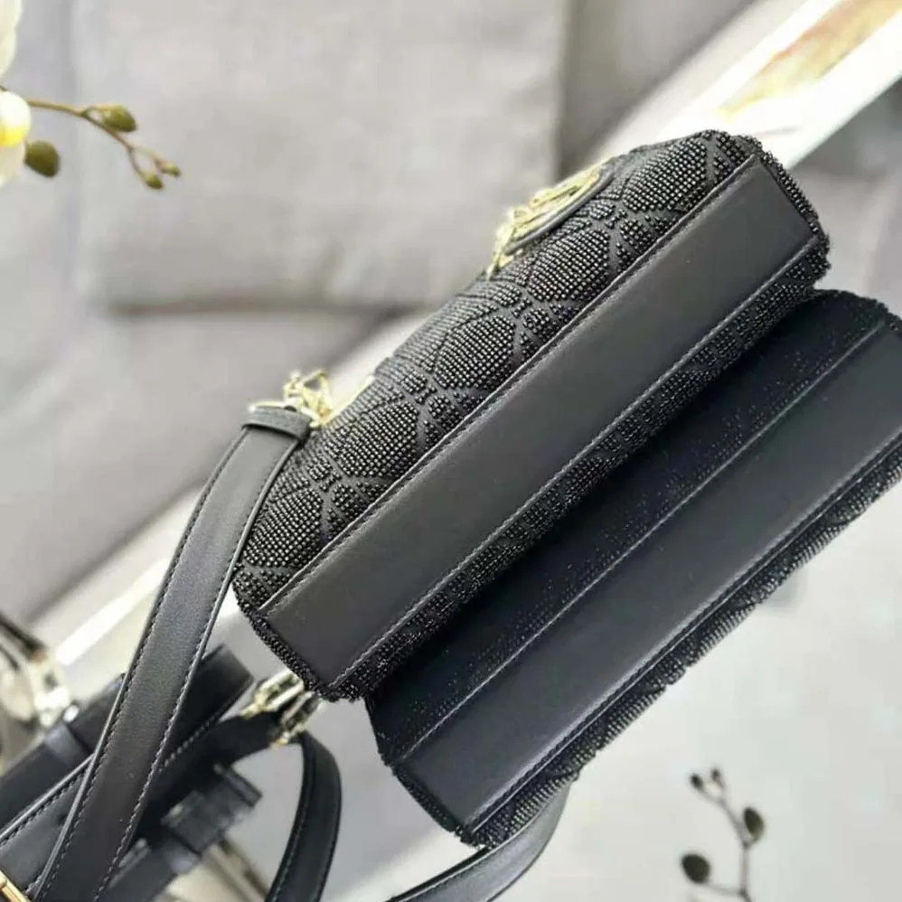 Dior Small Lady D-joy Bag Black Cannage Cotton with Micropearl Embroidery for Women