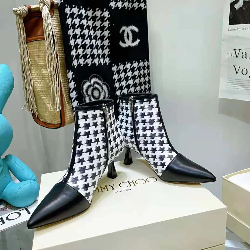 Jimmy Choo Kix/Z 65 Black Nappa and Latte and Black Star Houndstooth Printed Wool Ankle Boots for Women Jimmy Choo Kix/Z 65 Black Nappa and Latte and Black Star Houndstooth Printed Wool Ankle Boots for Women