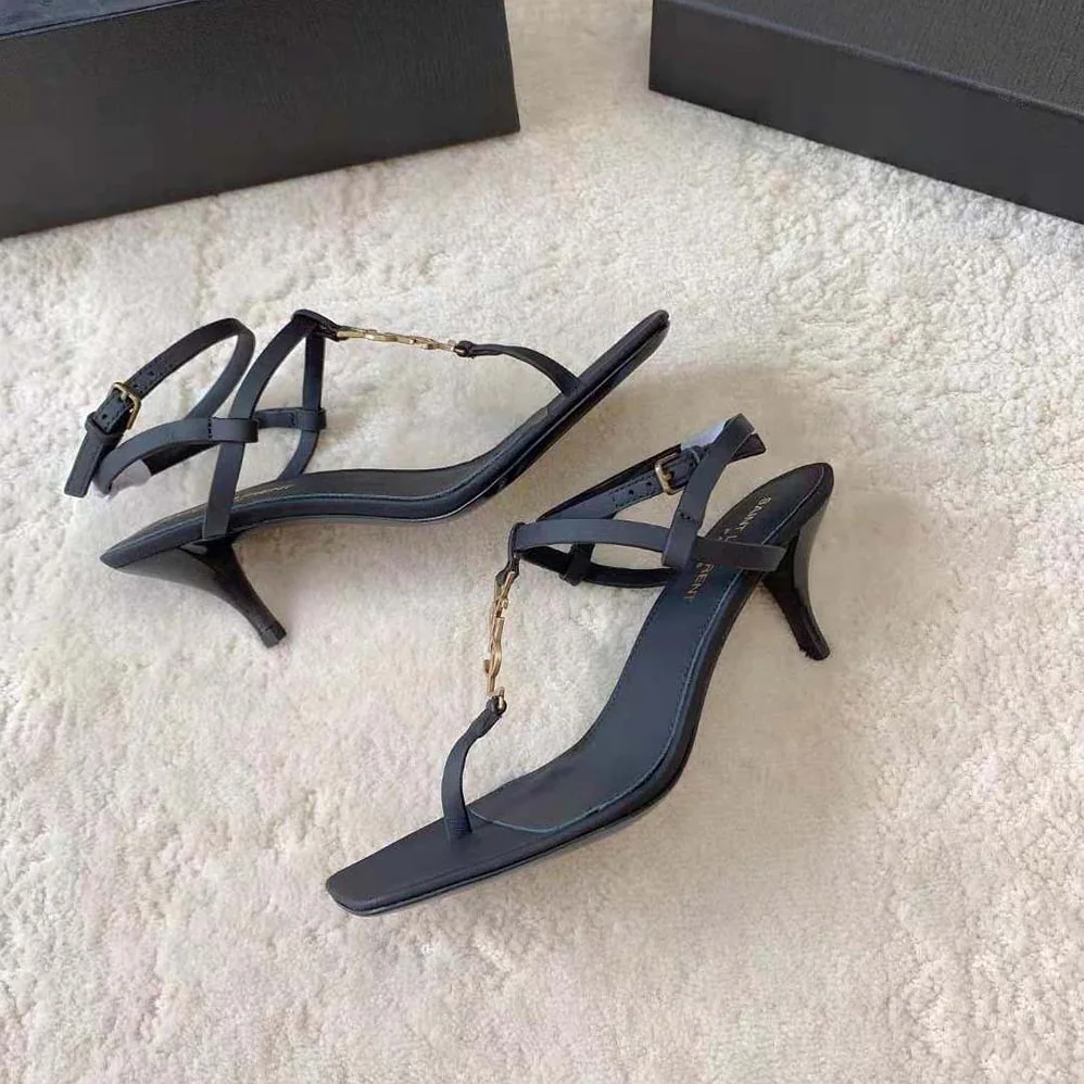 Saint Laurent YSL Cassandra Sandals in Smooth Leather for Women in Black