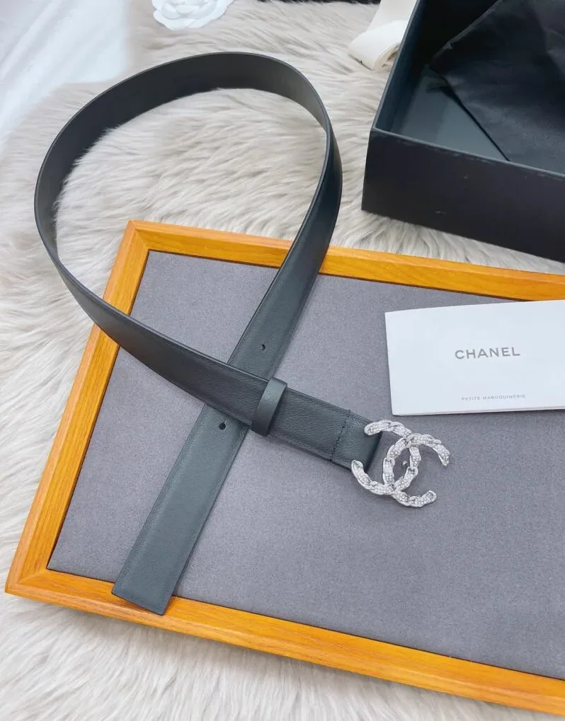 Chanel Shiny Silver Tone Chain Interlocking C Belt Black