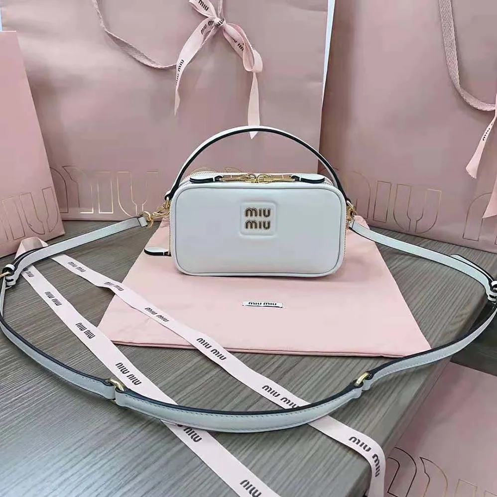 Miu Miu Arcadie Leather Bag with Metal Lettering Logo for Women in White Miu Miu Arcadie Leather Bag with Metal Lettering Logo for Women in White