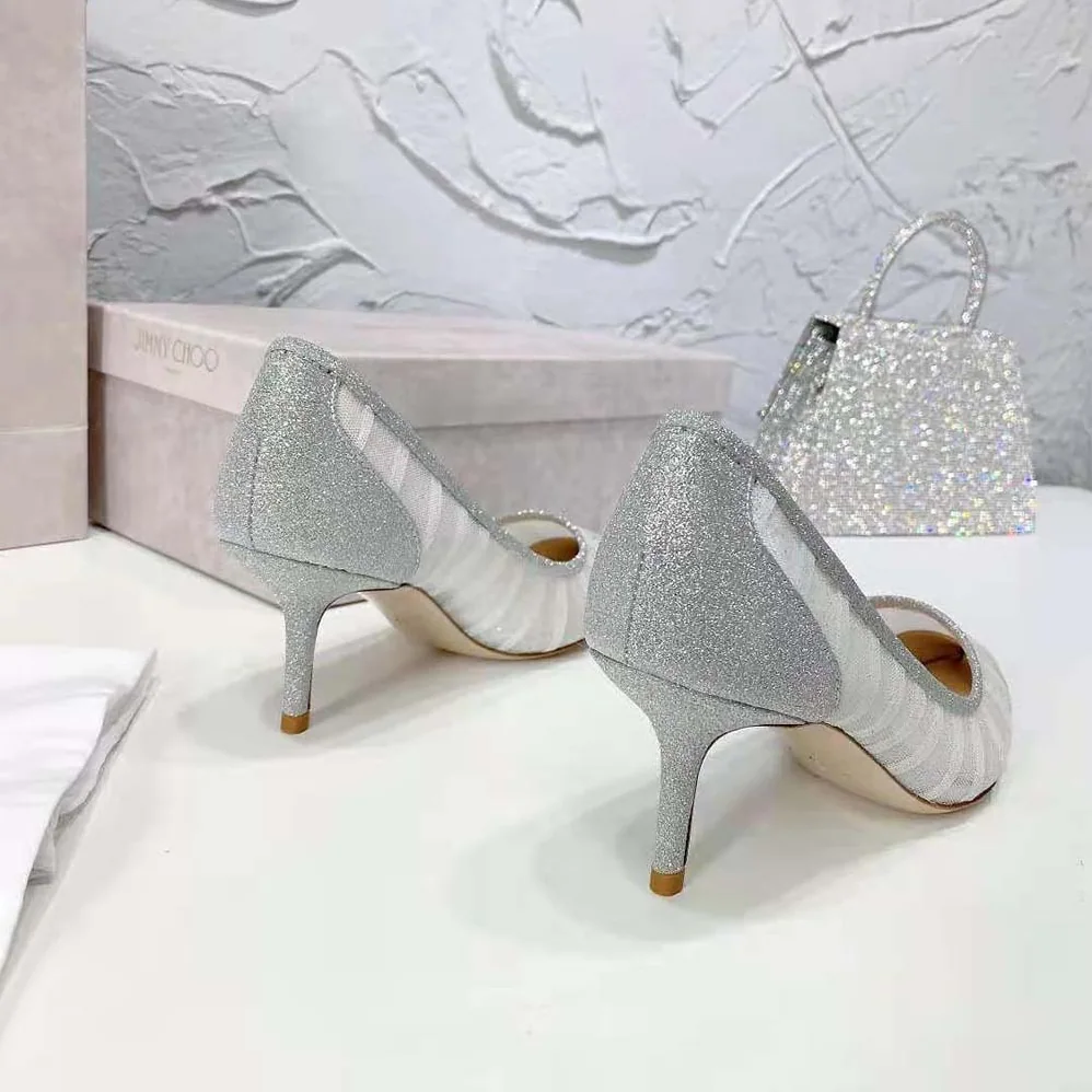 Jimmy Choo Love 65 Metallic Silver Glitter Fabric Pumps for Women Jimmy Choo Love 65 Metallic Silver Glitter Fabric Pumps for Women