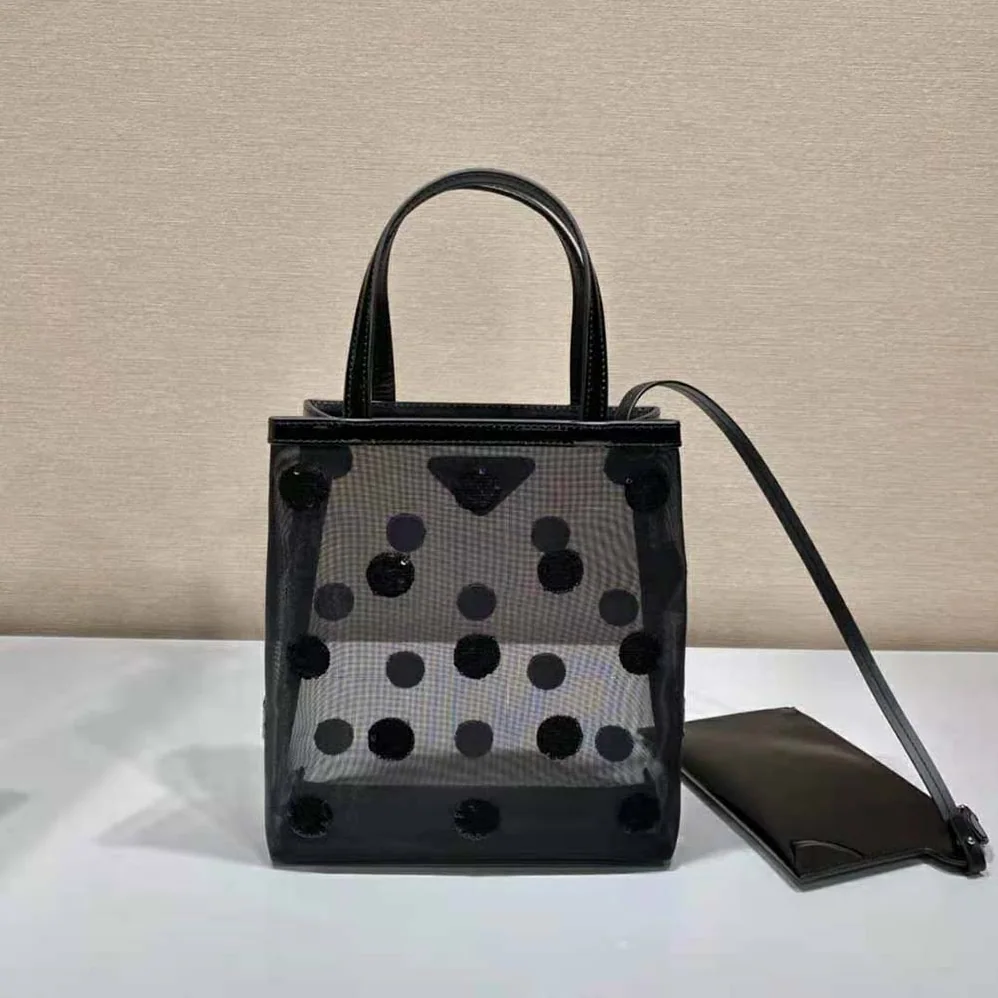Prada Small Polka-Dot Mesh Tote Bag for Women in Black Prada Small Polka-Dot Mesh Tote Bag for Women in Black