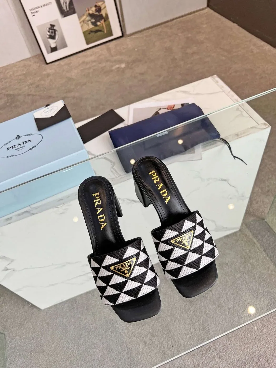 Prada Triangle Slip in On Sandals Black Prada Triangle Slip in On Sandals Black