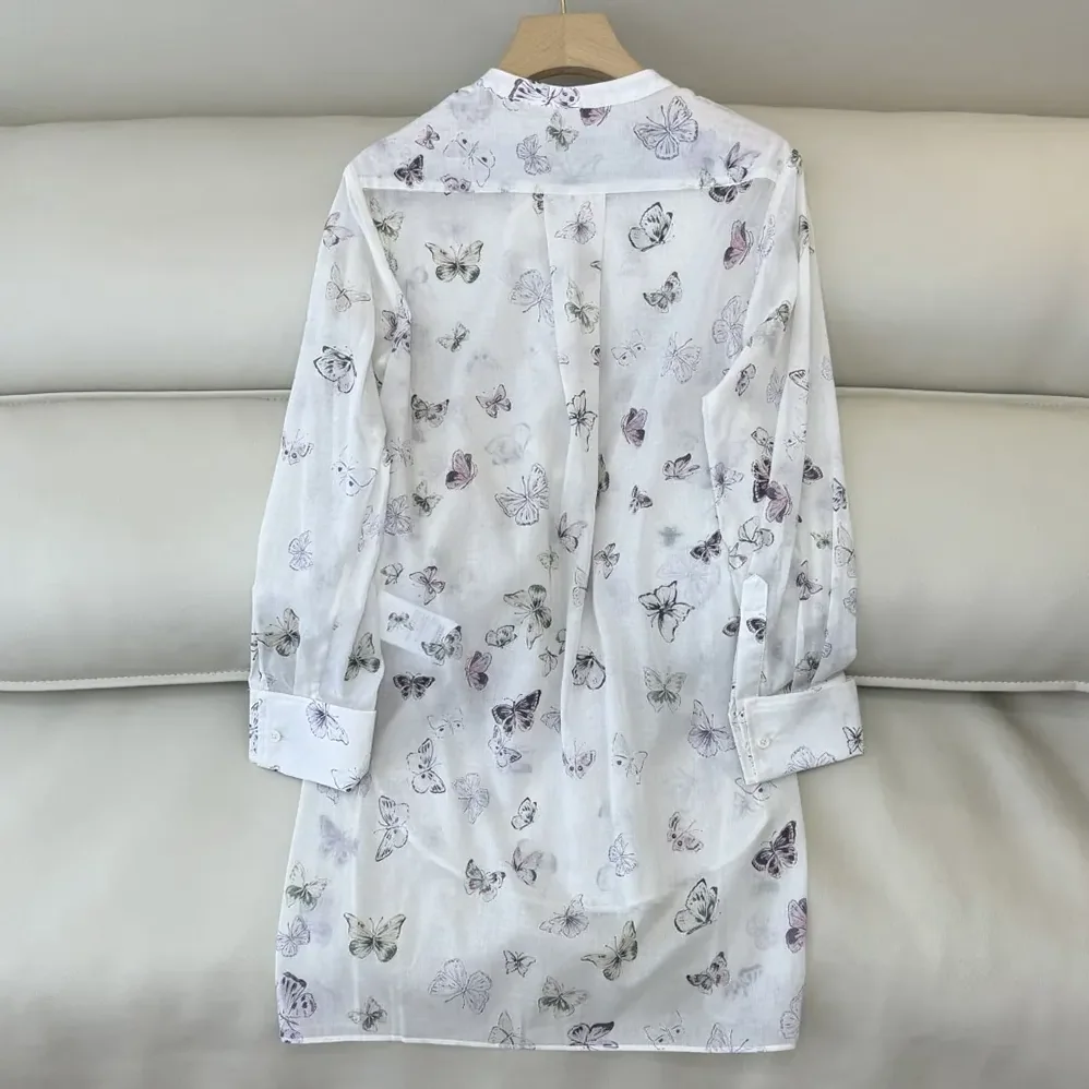 Dior Blouse with Ruffled Neckline Beige Cotton Muslin with Multicolor Butterfly Motif for Women Dior Blouse with Ruffled Neckline Beige Cotton Muslin with Multicolor Butterfly Motif for Women