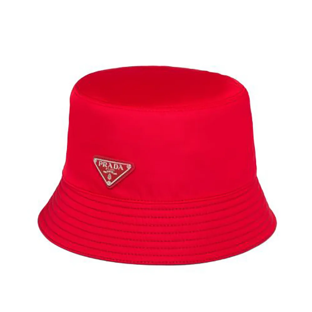 Prada Nylon Bucket Hat Decorated with the Triangle Logo for Women in Red