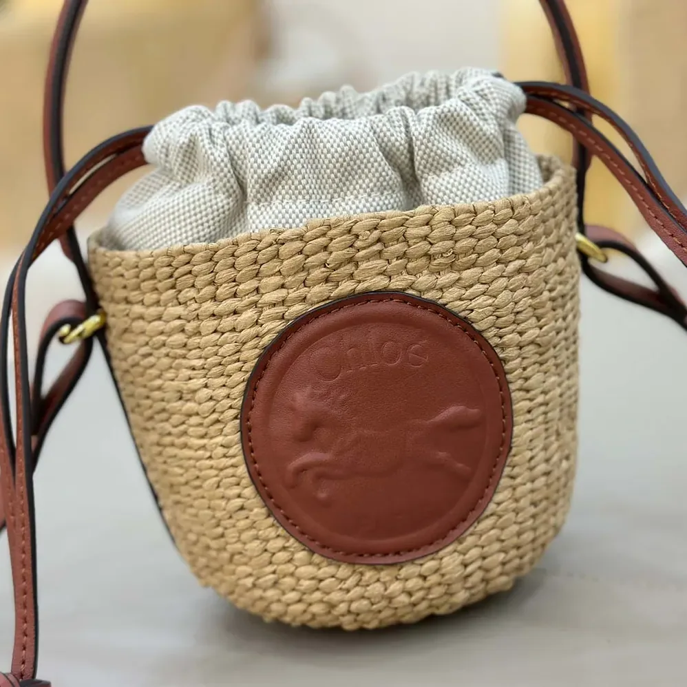 Chloe Mini Horse Medal Basket Bag in Natural Fibers for Women in Brown Chloe Mini Horse Medal Basket Bag in Natural Fibers for Women in Brown
