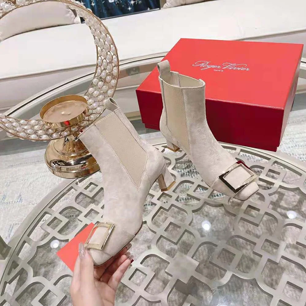 Roger Vivier Trompette Metal Buckle Chelsea Booties in Suede for Women in Beige Roger Vivier Trompette Metal Buckle Chelsea Booties in Suede for Women in Beige