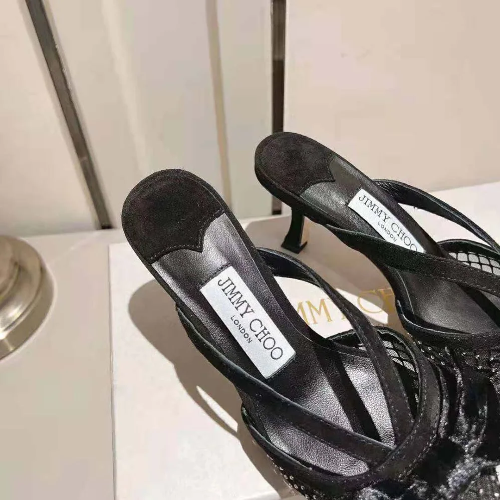 Jimmy Choo Flaca Mule 50 Black Crystal Mesh Mules with Bows for Women Jimmy Choo Flaca Mule 50 Black Crystal Mesh Mules with Bows for Women