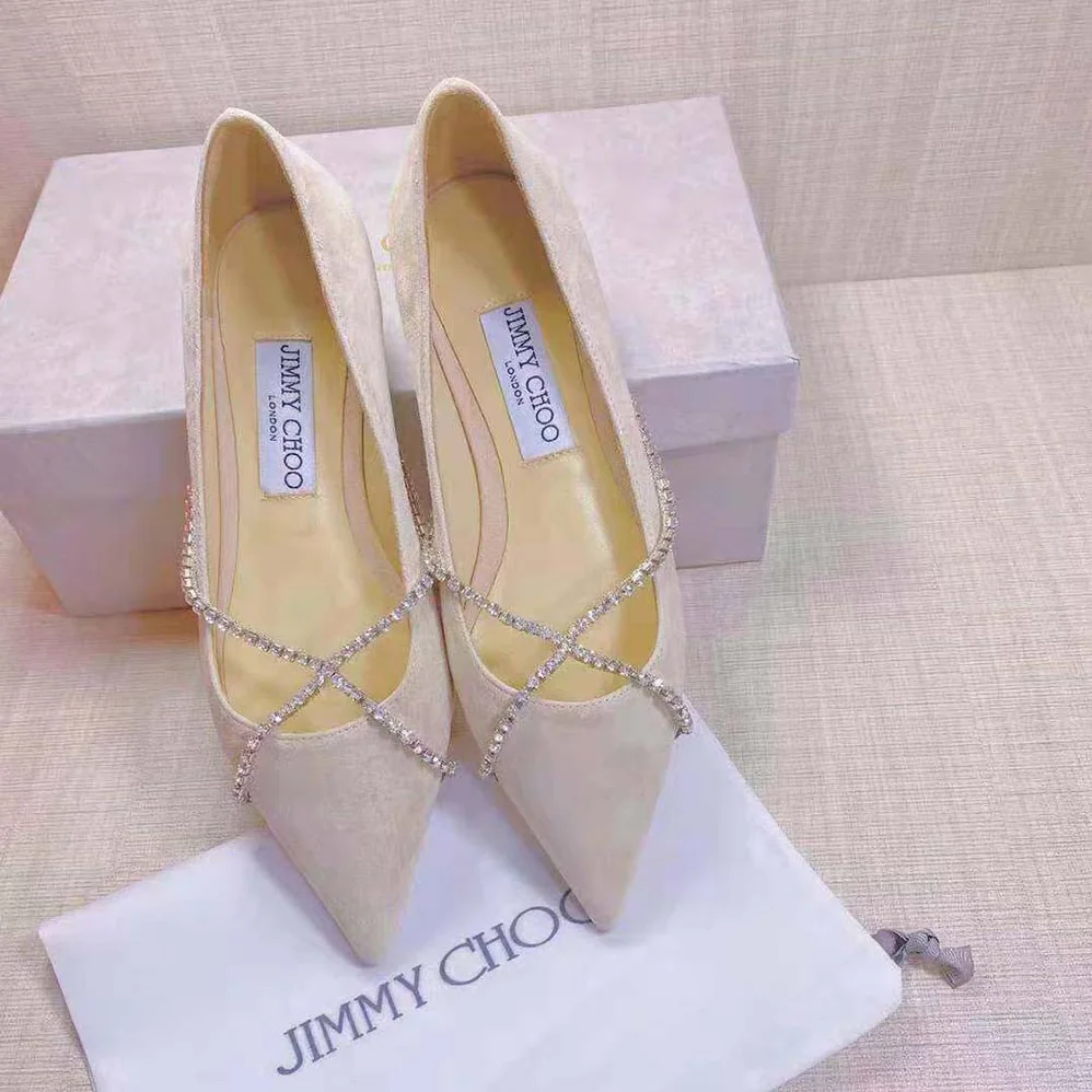 Jimmy Choo Genevi Flat Ballet Pink Pointed-Toe Flats with Crystal Chain for Women
