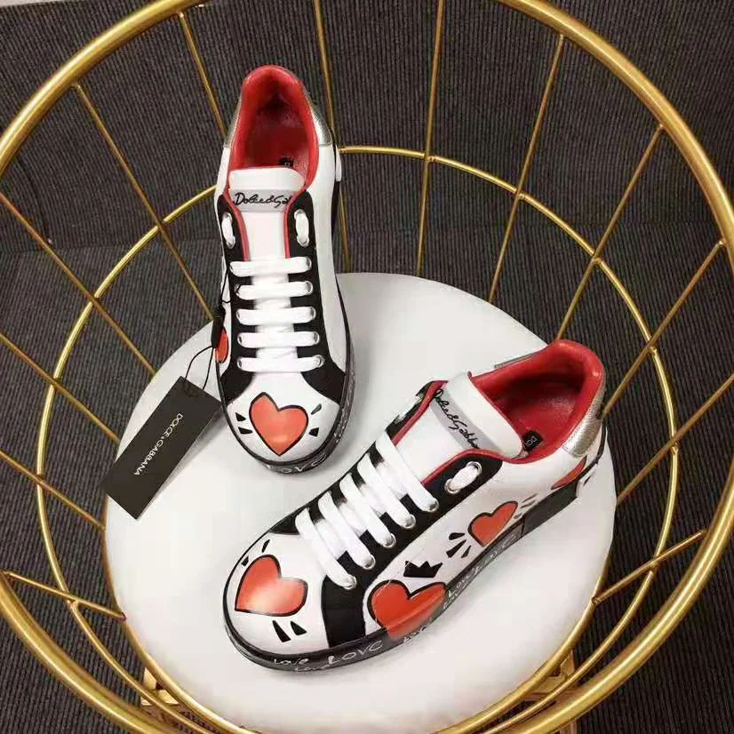 Dolce Gabbana D&G Calfskin Nappa Portofino Sneakers with Heart Print for Women in Red