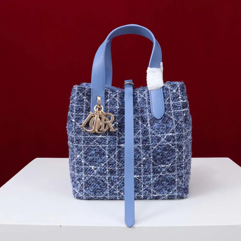 Dior Small Dior Toujours Vertical Tote Bag Blue Tweed with White Cannage Motif for Women Dior Small Dior Toujours Vertical Tote Bag Blue Tweed with White Cannage Motif for Women