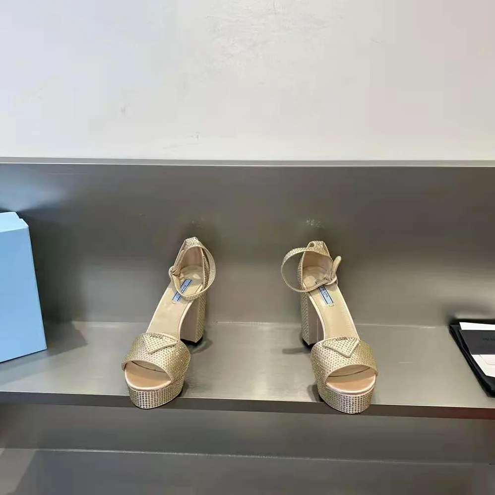 Prada Satin Platform Sandals with Crystals for Women in Gold