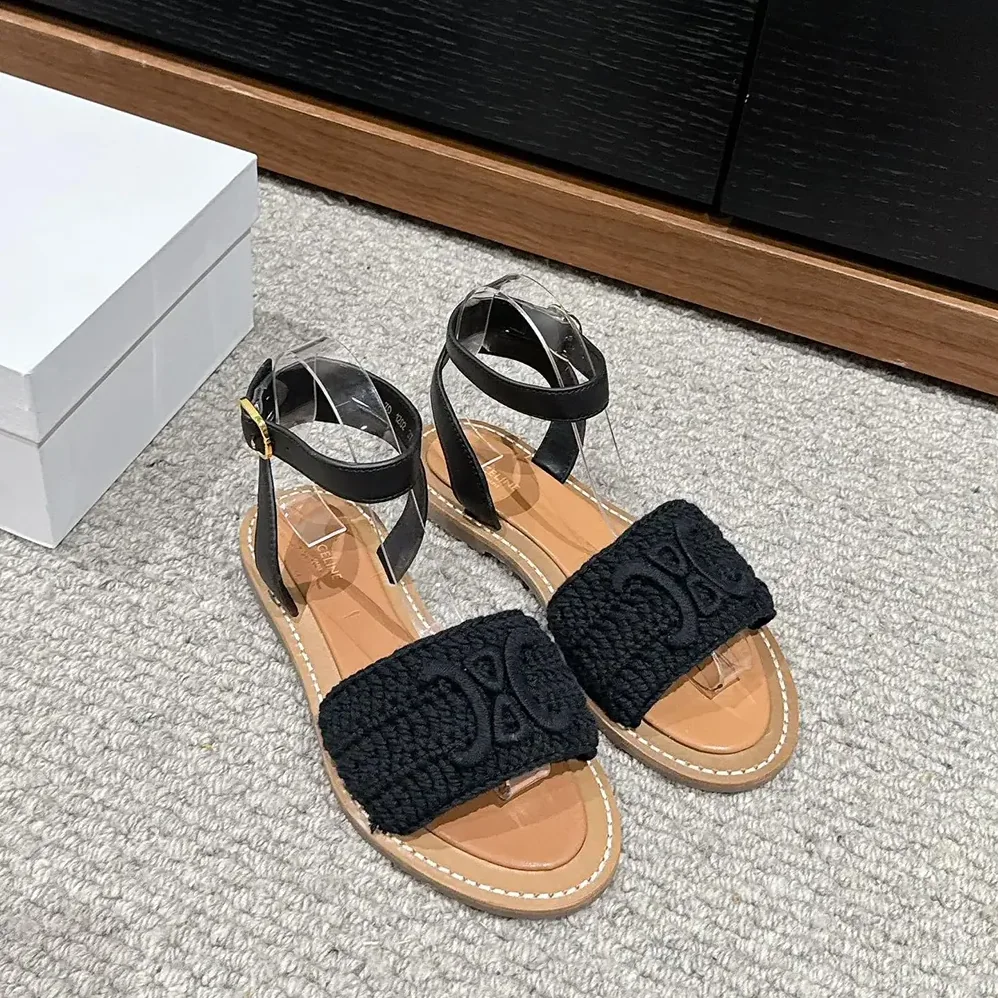 Celine Lympia Sandal in Triomphe Maccramé Cotton & Calfskin for Women in Black Celine Lympia Sandal in Triomphe Maccramé Cotton & Calfskin for Women in Black