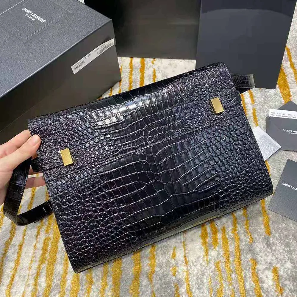 Saint Laurent YSL Manhattan Shoulder Bag in Crocodile for Women in Embossed Shiny Leather