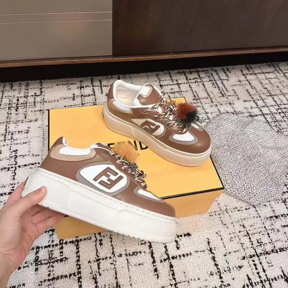 Fendi Match Brown Leather Platform Low for Women in Tops With Charm