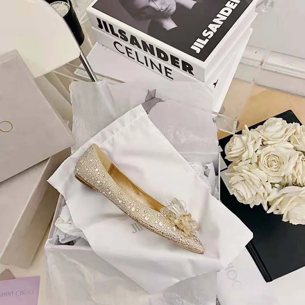 Jimmy Choo Attila Rose Gold Crystal Covered Pointy Toe Flats for Women Jimmy Choo Attila Rose Gold Crystal Covered Pointy Toe Flats for Women