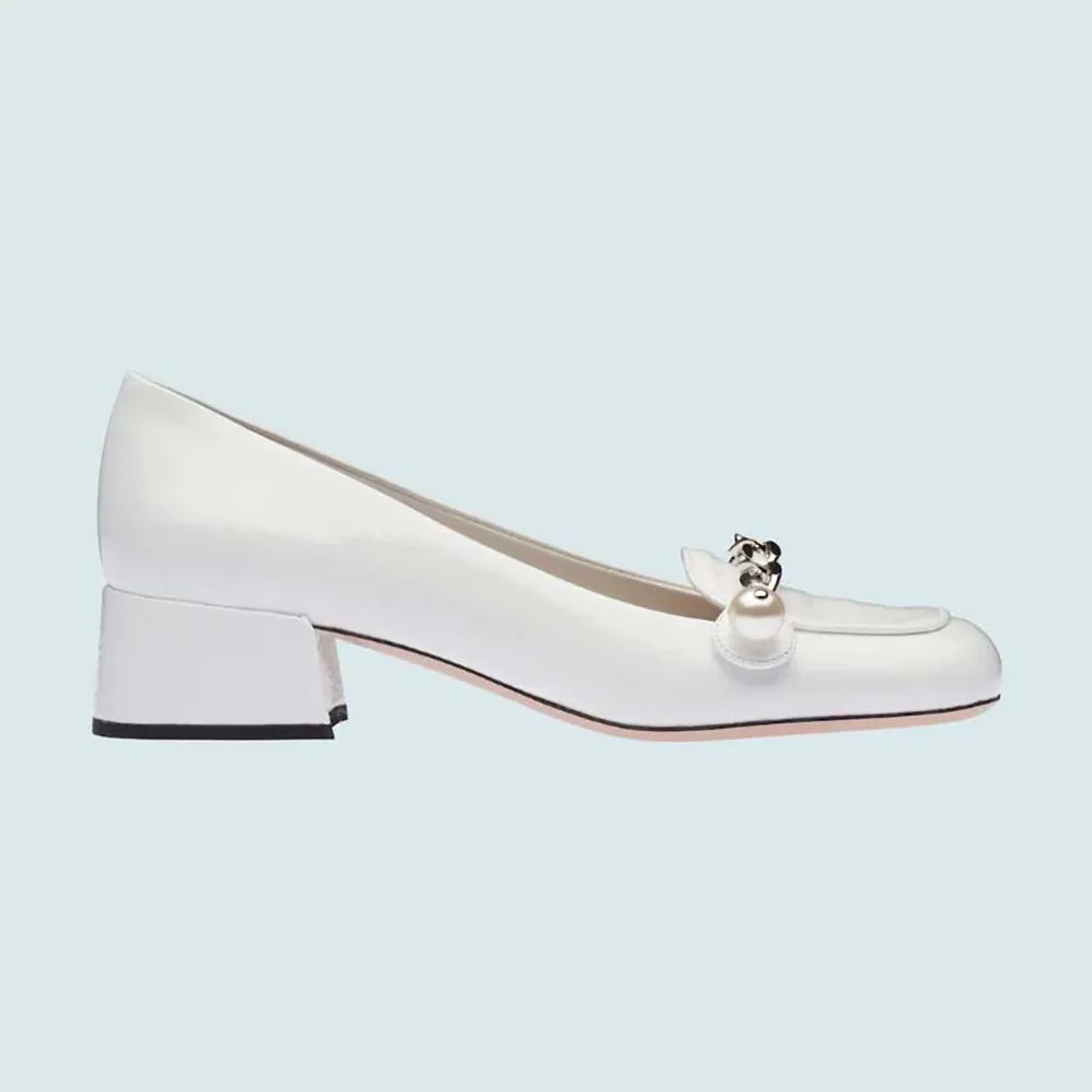 Miu Miu Patent Leather Loafers in 35mm Heel for Women in White Miu Miu Patent Leather Loafers in 35mm Heel for Women in White