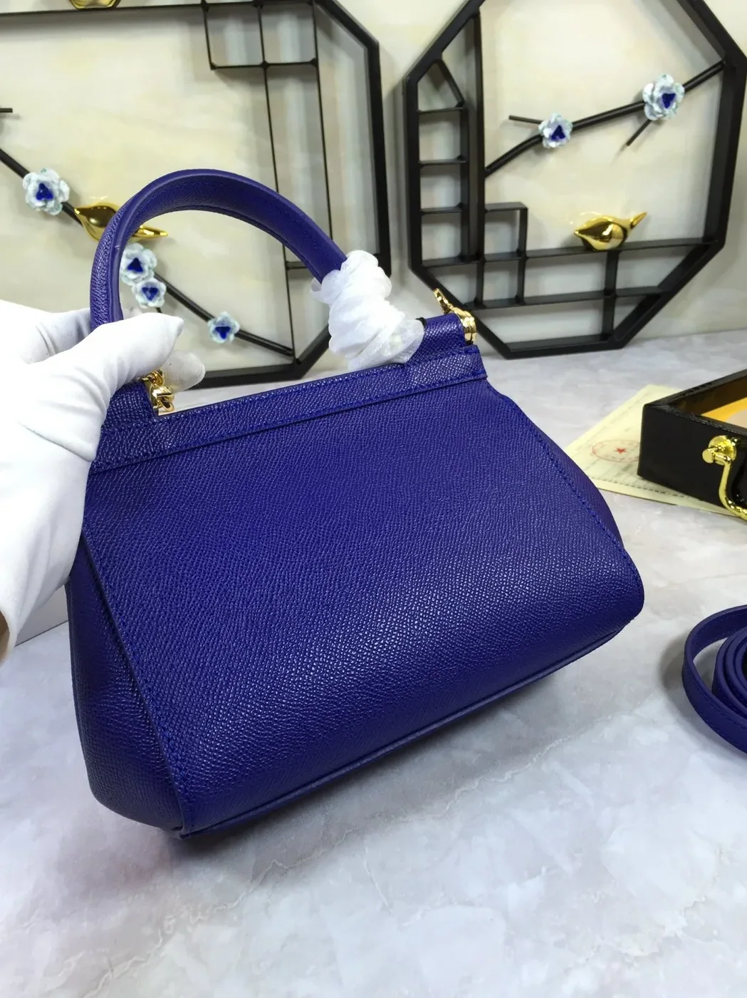 Dolce & Gabbana Medium Sicily Handbag In Dauphine Dark Blue / DG