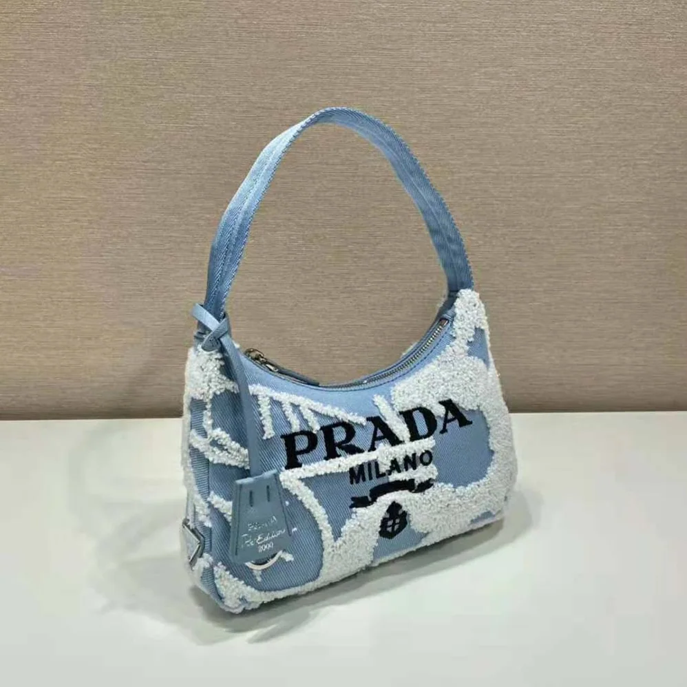Prada Re-Edition 2000 Embroidered Drill Mini Bag for Women in Blue