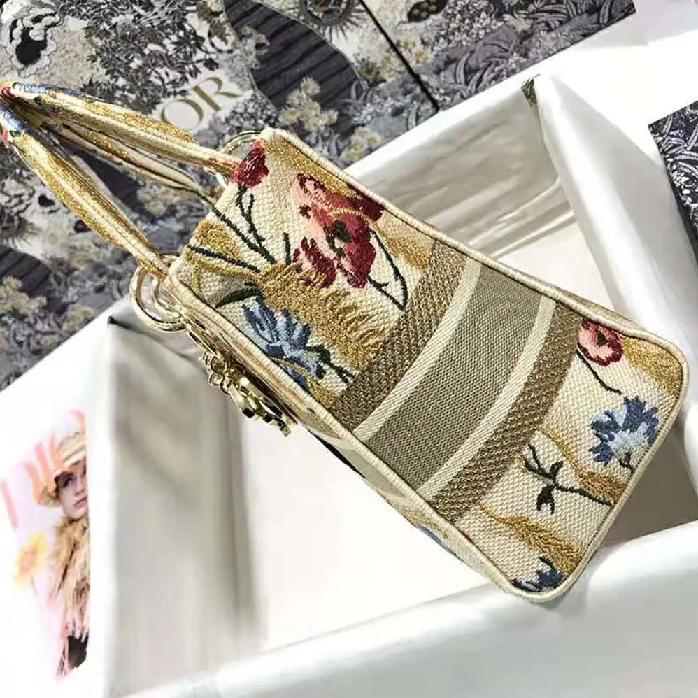 Dior Medium Lady D-lite Bag Beige Multicolor Dior Hibiscus Metallic Thread Embroidery for Women