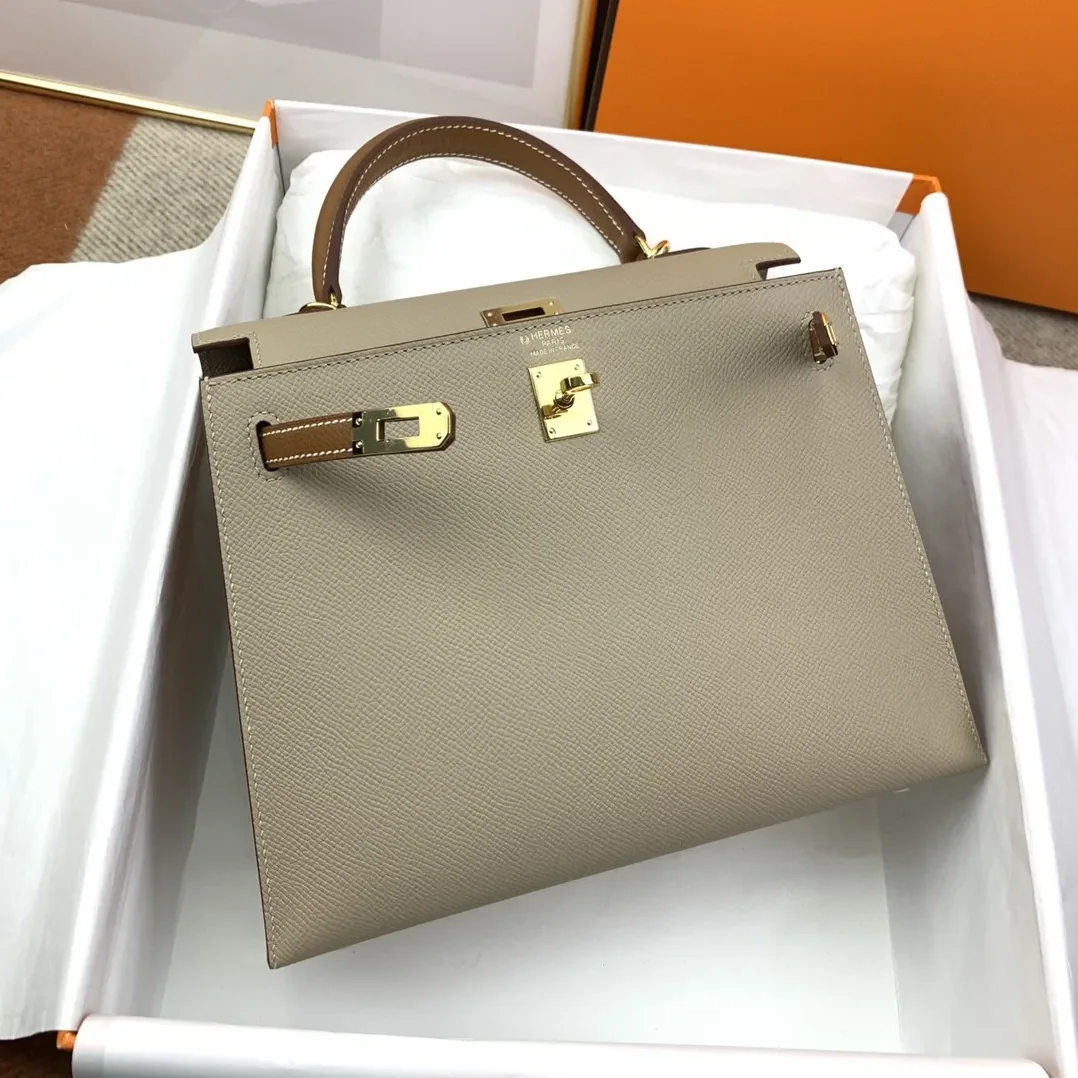 Hermes Kelly 25 Sellier Epsom Greige in Brown Bag