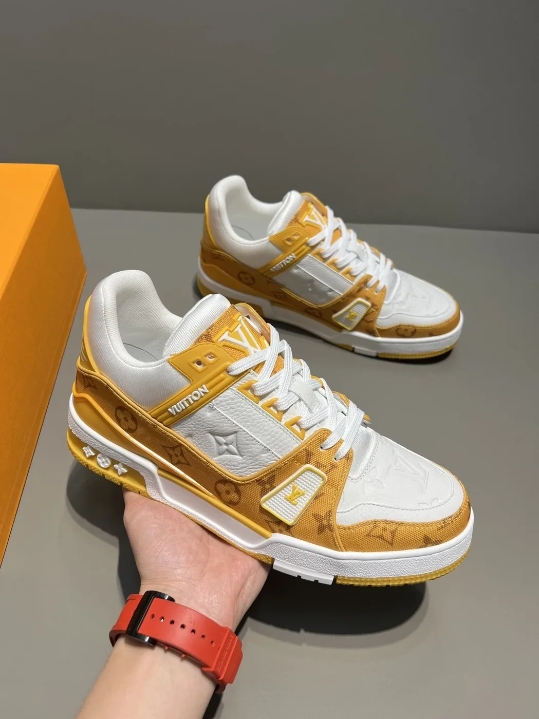 Louis Vuitton Trainer Sneaker Monogram Denim Yellow Virgil Abloh LV 1A9JHJ Louis Vuitton Trainer Sneaker Monogram Denim Yellow Virgil Abloh LV 1A9JHJ