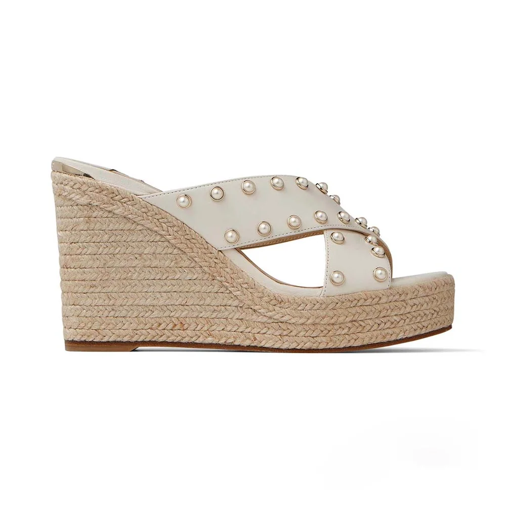 Jimmy Choo Dovina 100 Latte Nappa Wedges with Pearls for Women Jimmy Choo Dovina 100 Latte Nappa Wedges with Pearls for Women