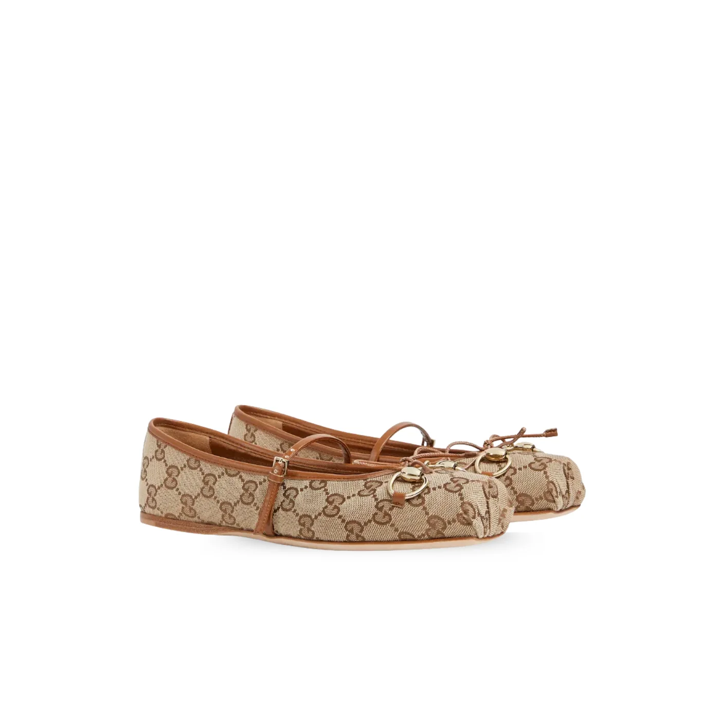 Gucci Horsebit Ballet Flats Beige in Dark Brown Canvas