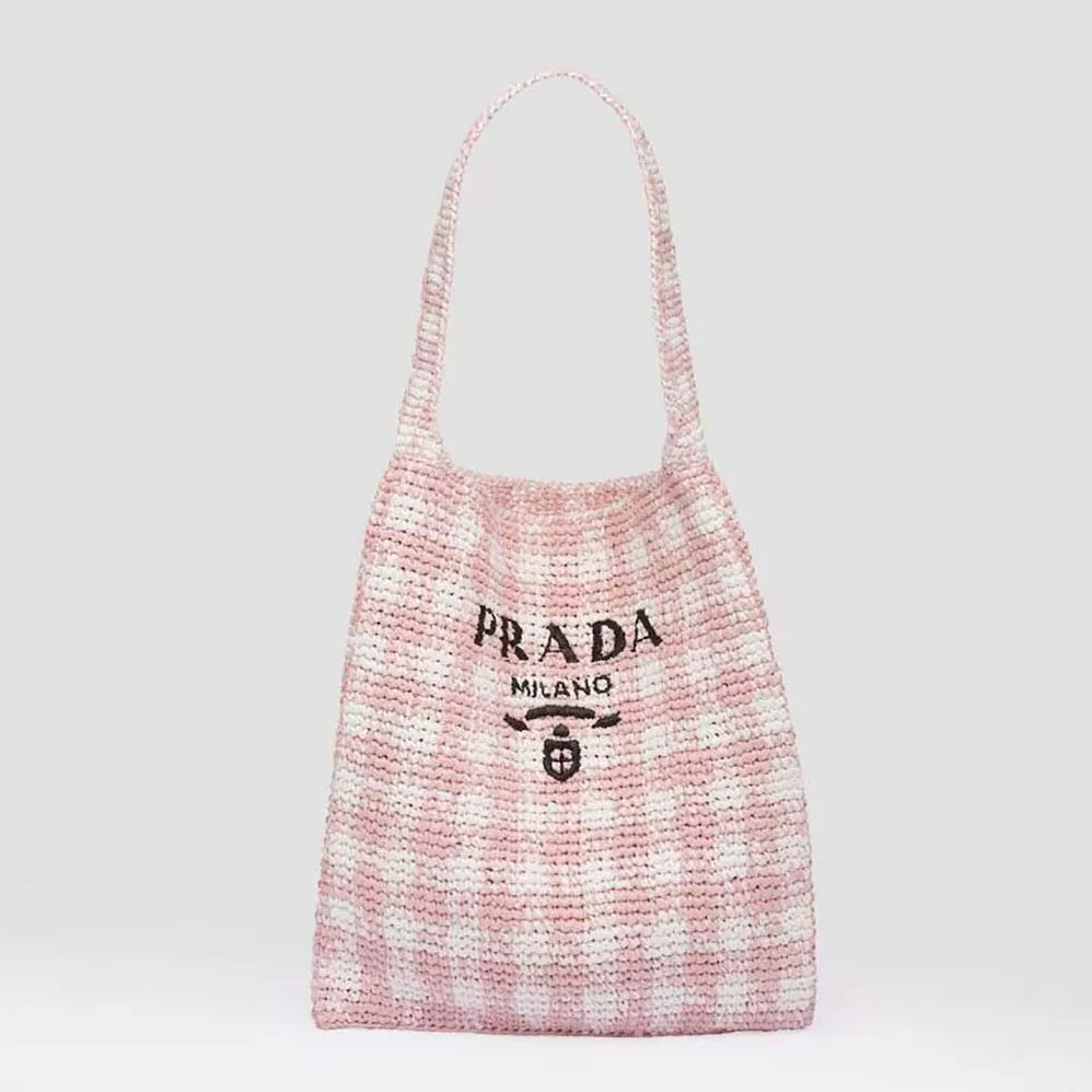 Prada Crochet Tote Bag with Embroidered Lettering Logo for Women in Pink
