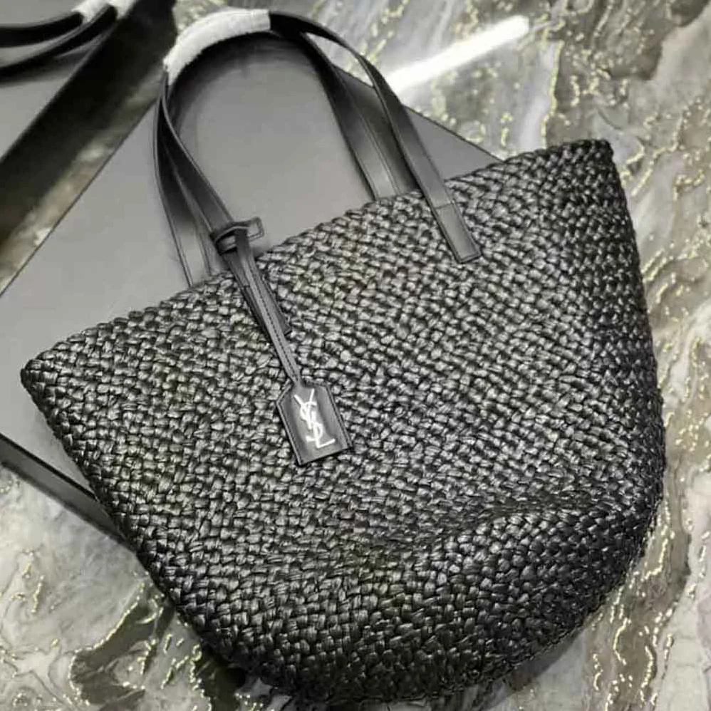 Saint Laurent YSL Panier Medium Bag in Raffia for Women in Black