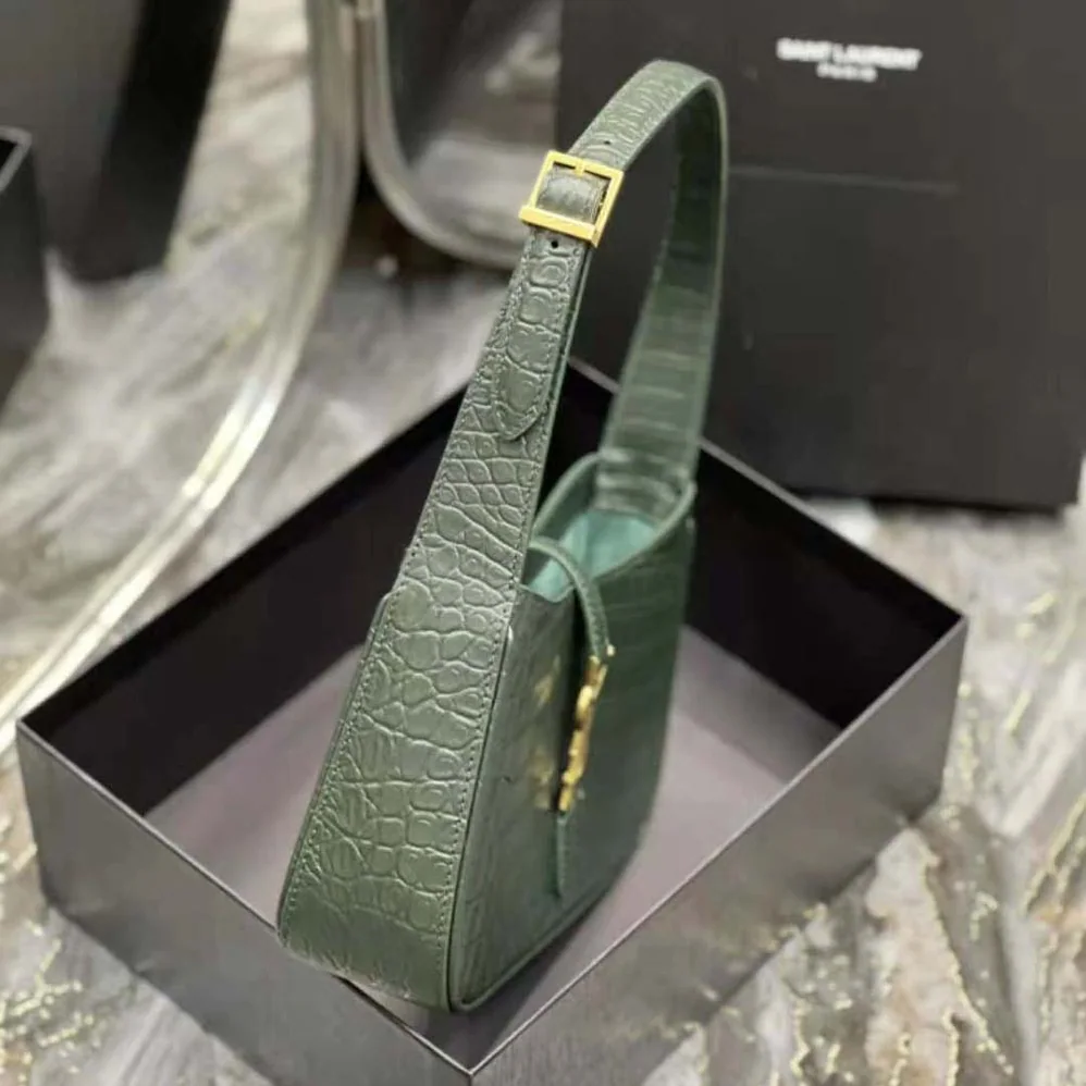 Saint Laurent YSL Le 5 A 7 Hobo Bag in Crocodile-Embossed Leather for Women in Green Saint Laurent YSL Le 5 A 7 Hobo Bag in Crocodile-Embossed Leather for Women in Green