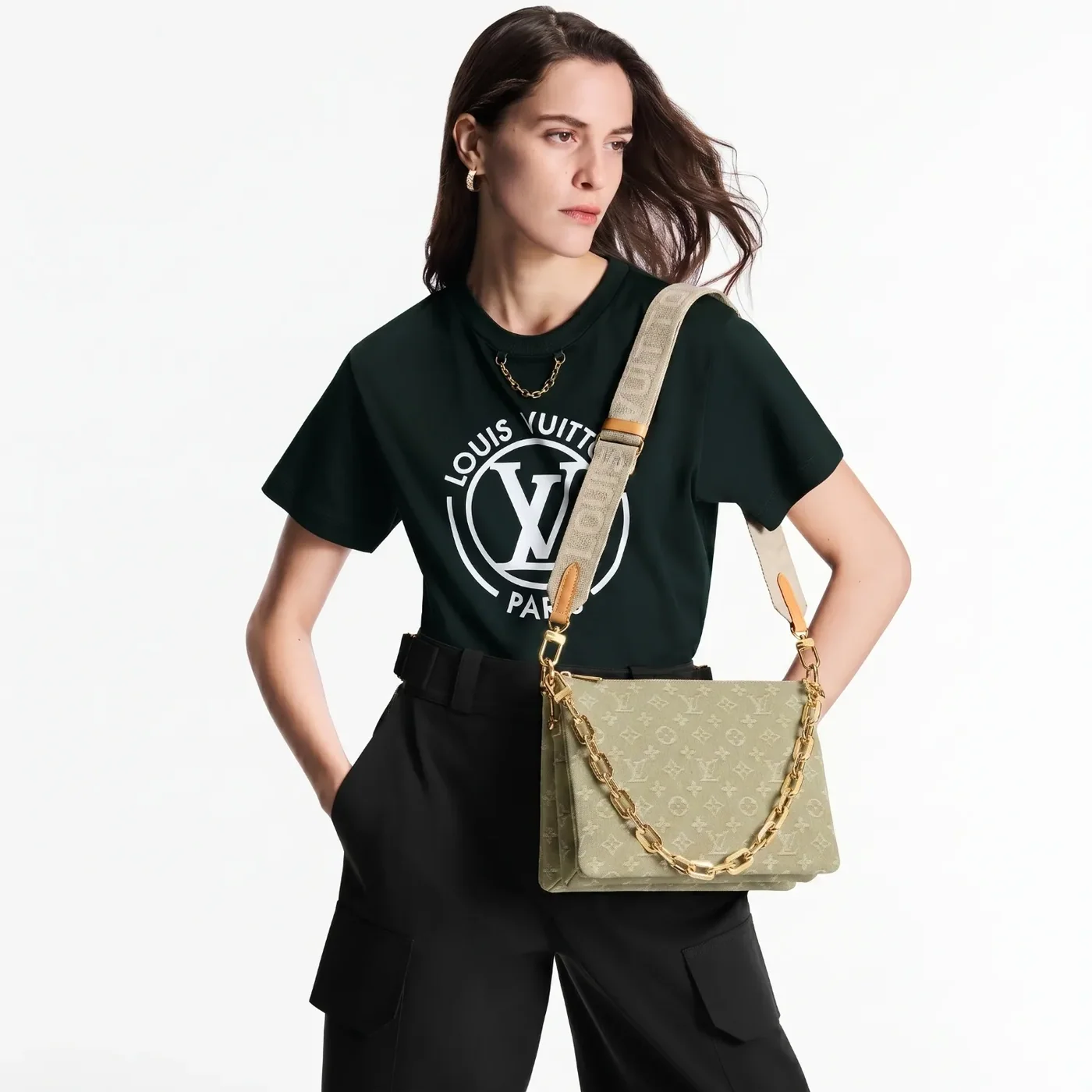 Louis Vuitton Coussin PM Shoulder Bag in Khaki Denim Gold Hardware