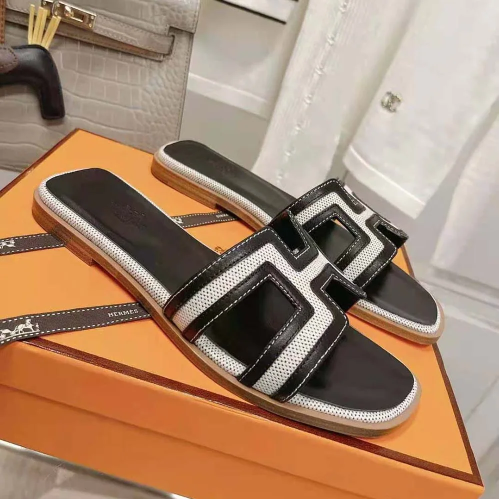 Hermes Oran Sandal in Calfskin and H Canvas with Iconic H Cut-Out for Women in Black