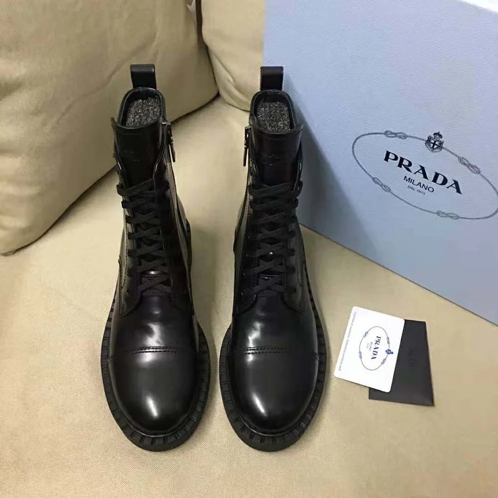 Prada Brushed Leather Laced Booties for Women in Black Prada Brushed Leather Laced Booties for Women in Black