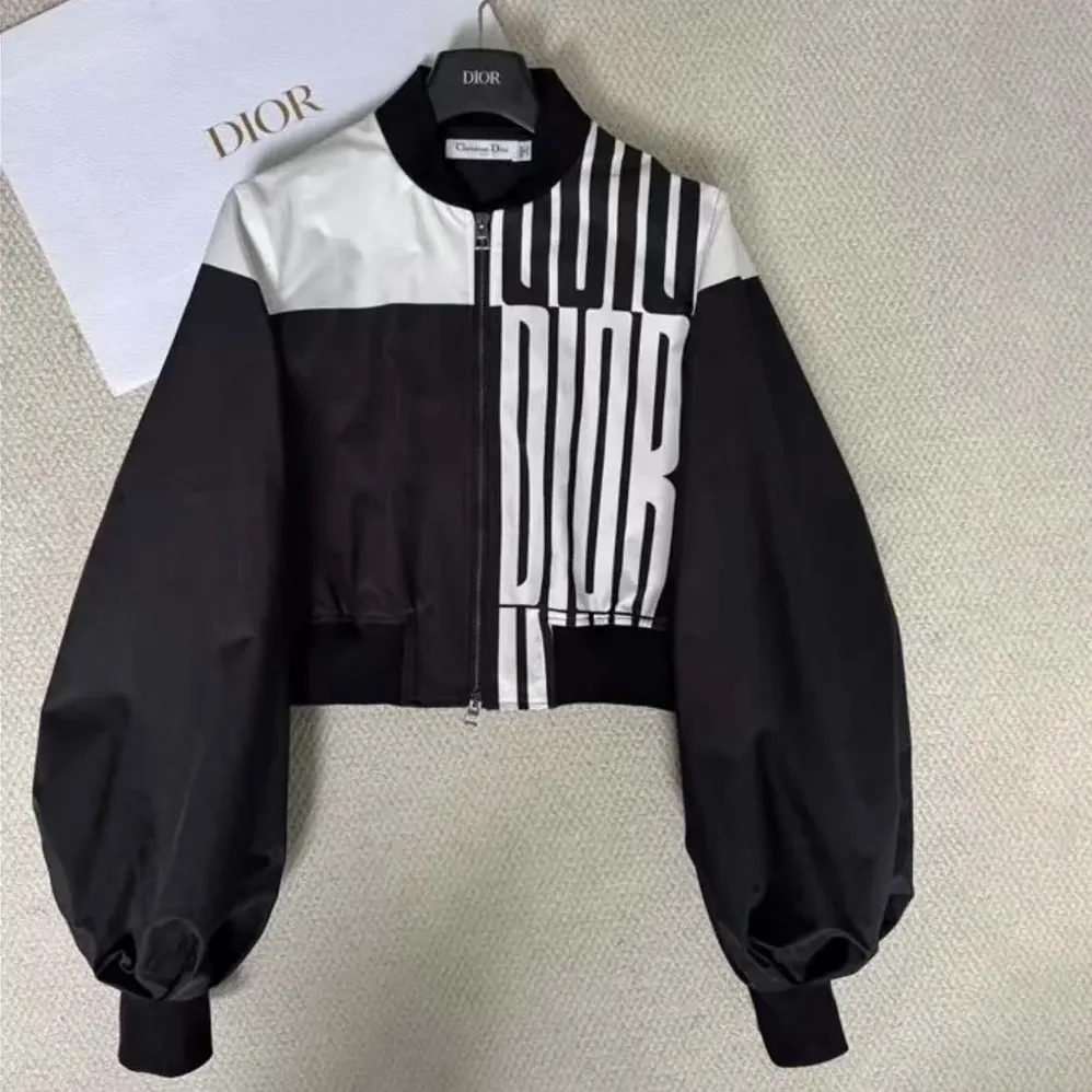 Dior Cropped Bomber Jacket with Bishop Sleeves Black and White Jacquard for Women Dior Cropped Bomber Jacket with Bishop Sleeves Black and White Jacquard for Women