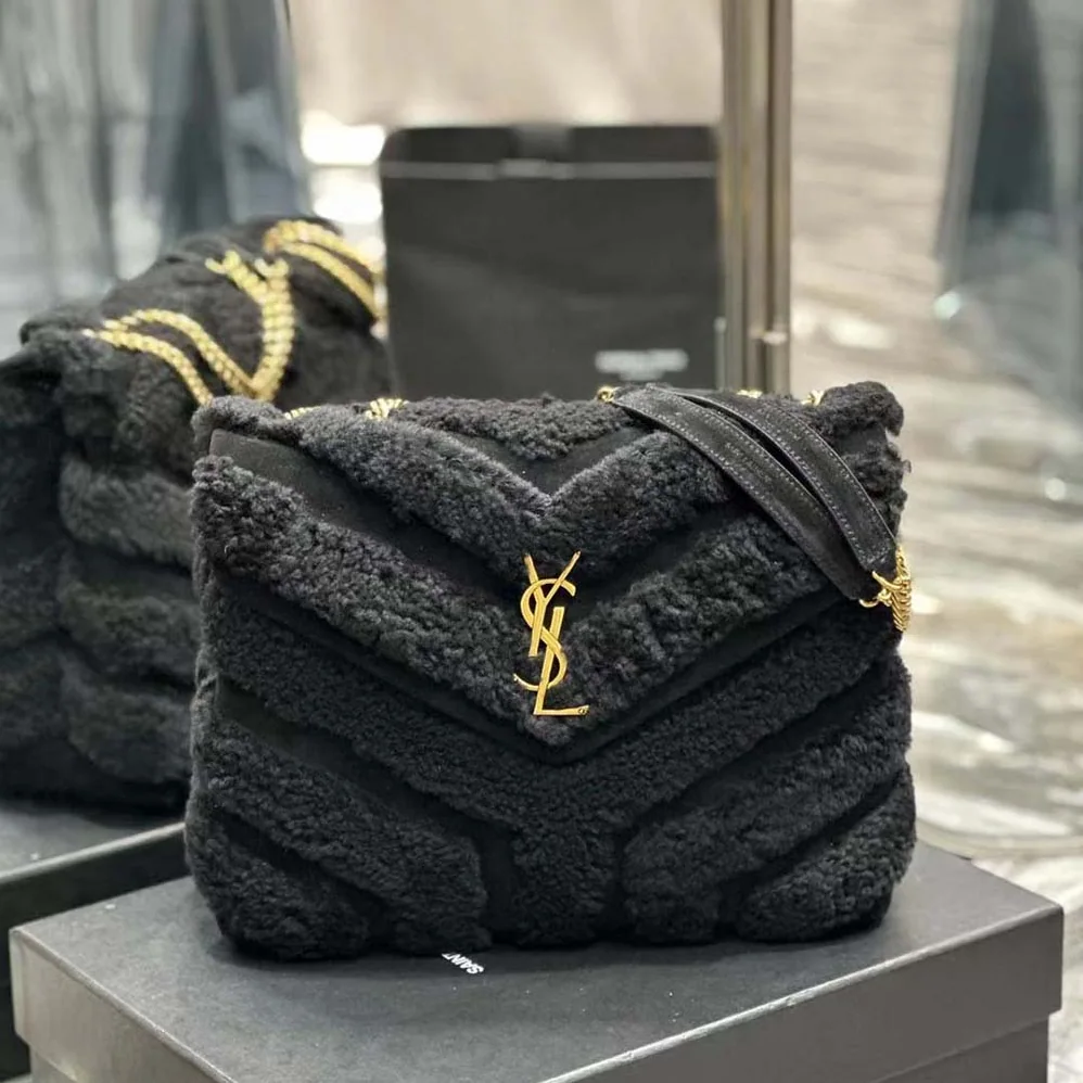 Saint Laurent YSL Loulou Medium Chain Bag in Quilted “Y” Shearling and Suede Patchwork for Women