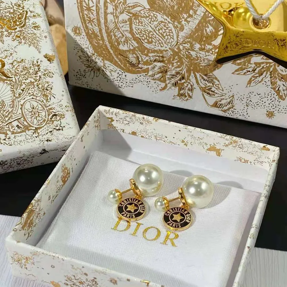 Dior Tribales Earrings Gold-Finish Metal with White Resin Pearls and Navy Blue Lacquer for Women Dior Tribales Earrings Gold-Finish Metal with White Resin Pearls and Navy Blue Lacquer for Women