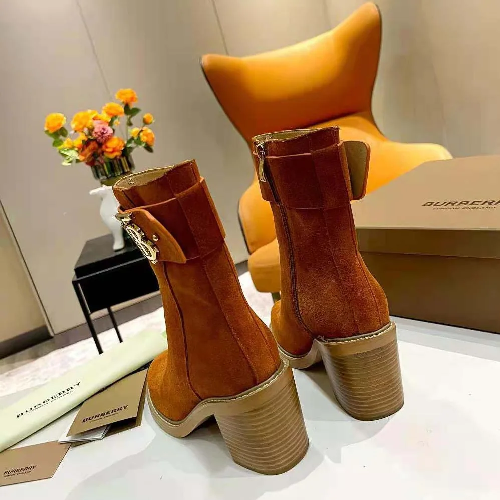 Burberry Monogram Motif Suede Block for Women in Heel Boots Burberry Monogram Motif Suede Block for Women in Heel Boots