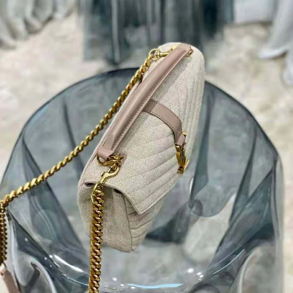 Saint Laurent YSL College Medium in Quilted Linen Canvas and Leather for Women