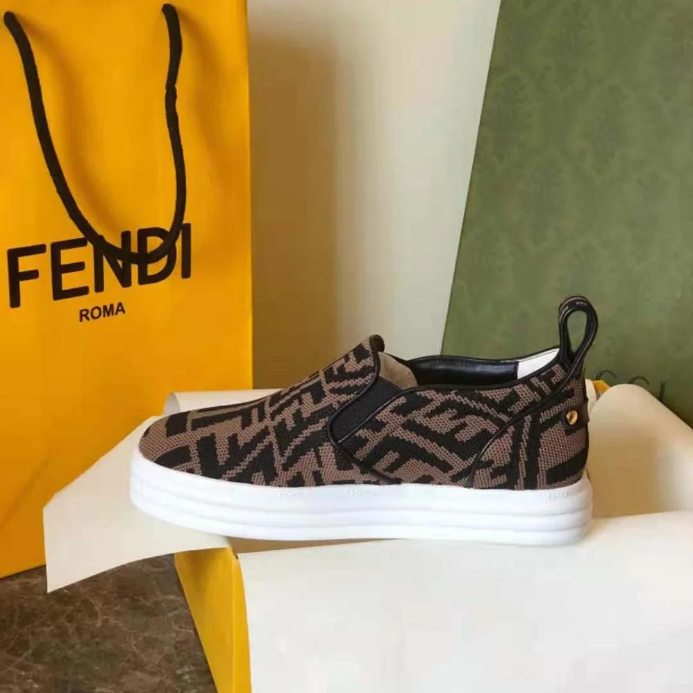 Fendi Rise Brown Fabric Slip Ons for Women