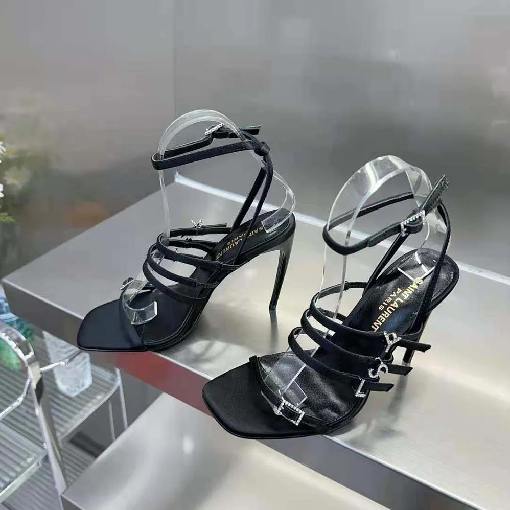 Saint Laurent YSL Jerry Sandals in Crepe Satin and Rhinestones for Women Saint Laurent YSL Jerry Sandals in Crepe Satin and Rhinestones for Women