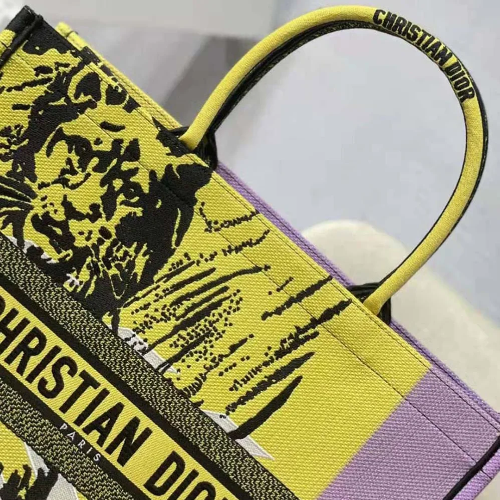 Dior Large Dior Book Tote Bright Yellow and Pink D for Women in Jungle Pop Embroidery Dior Large Dior Book Tote Bright Yellow and Pink D for Women in Jungle Pop Embroidery