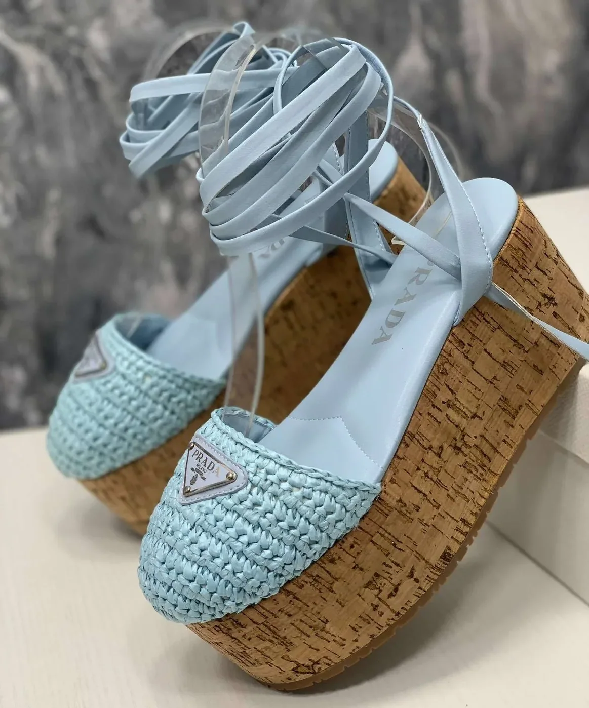 Prada Crochet Wedge Sandals Light Blue