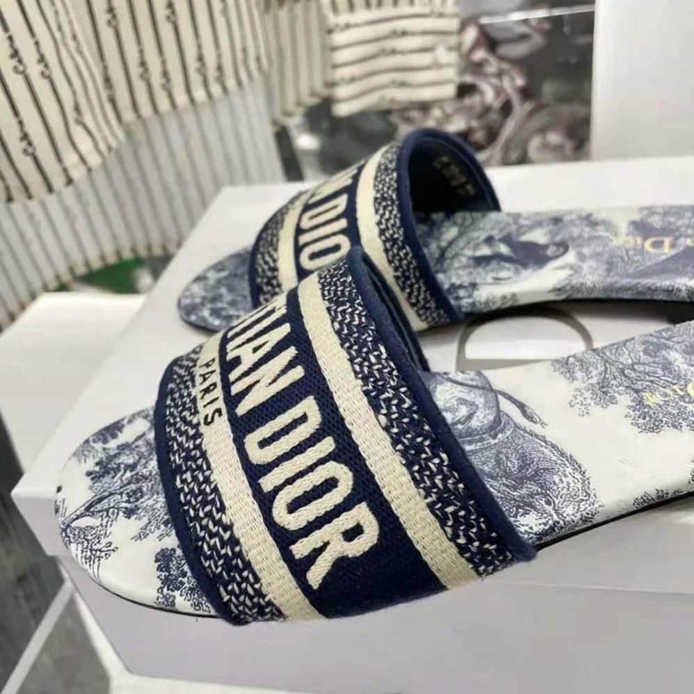 Dior Dway Slide Blue Cotton Embroidery for Women